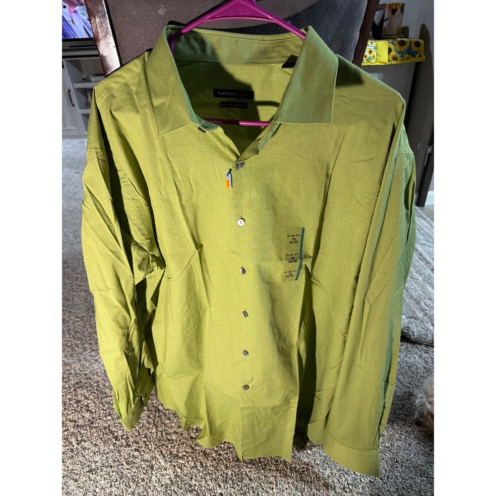 Van Heusen Studio Mens Slim Fit Stretch Dress Shirt Green 18 34/35